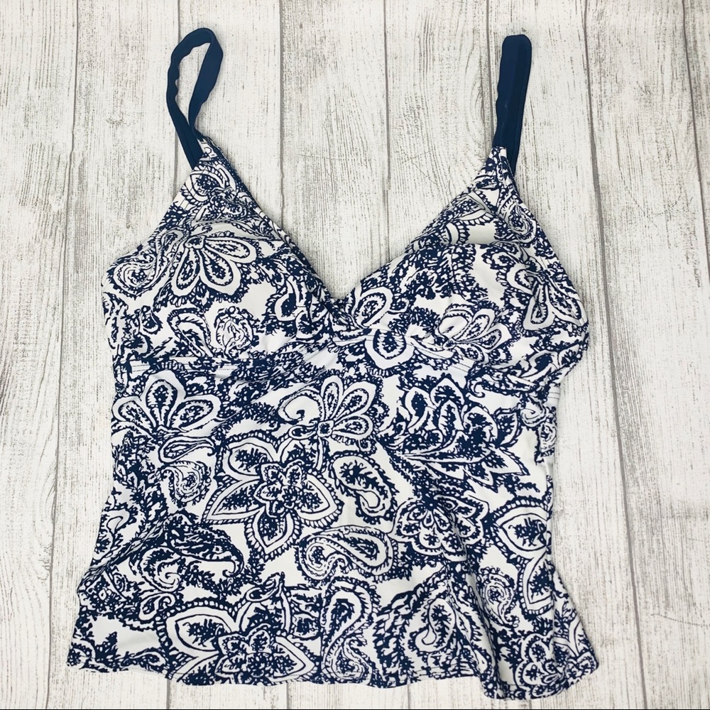 Beach Native tankini swim top. Navy blue & white. Size 10. Straps do not adjust